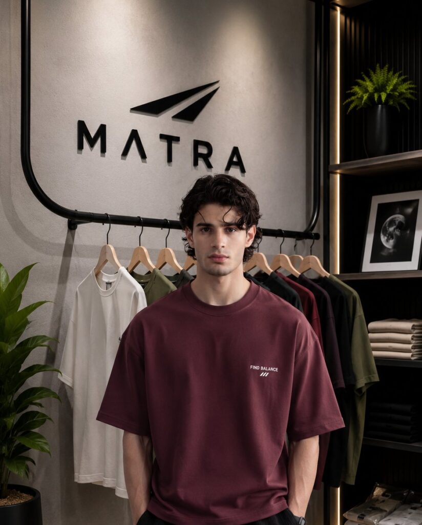 Model wearing the Matra maroon heavyweight drop shoulder tee with black trousers in the Matra store in Dhaka
