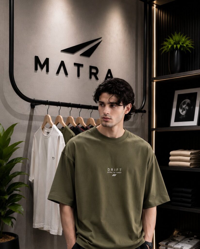 Model wearing the Matra olive heavyweight drop shoulder tee with black trousers in the Matra store in Dhaka